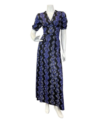 VINTAGE 60s 70s BLACK PURPLE WHITE ACANTHUS DECO MAXI DRESS 12 14