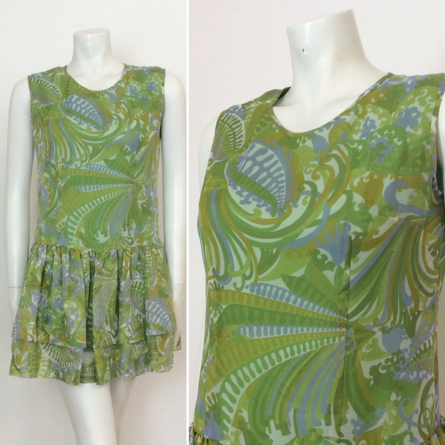 VINTAGE 60S GREEN BLUE PAISLEY DROP WAIST DRESS 12