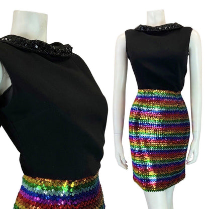 VINTAGE 60s 70s BLACK STRIPED RAINDOW SEQUIN MOD DISCO PARTY SLEEVELESS DRESS 8