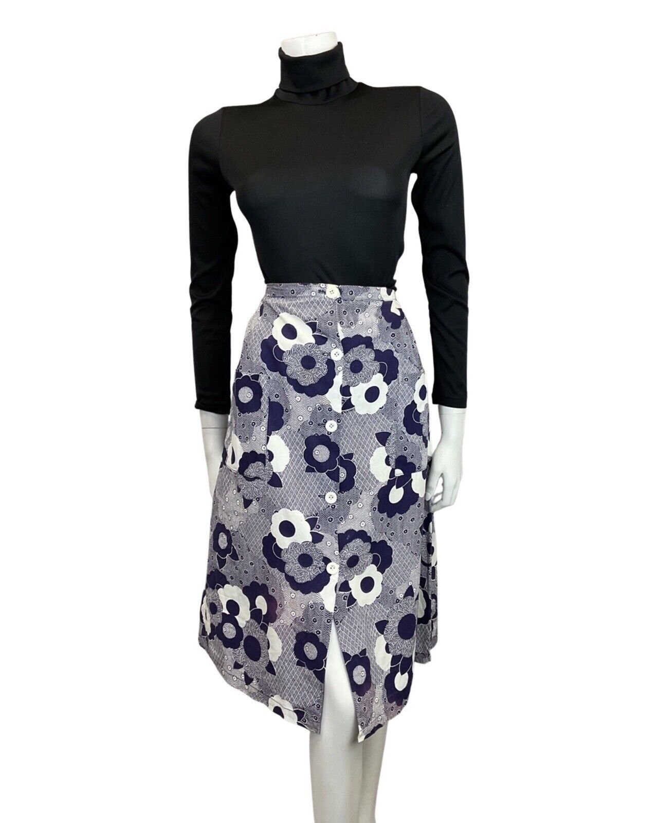 VINTAGE 60s 70s BLUE WHITE FLORAL DAISY GEOMETRIC MOD A-LINE MIDI SKIRT 8