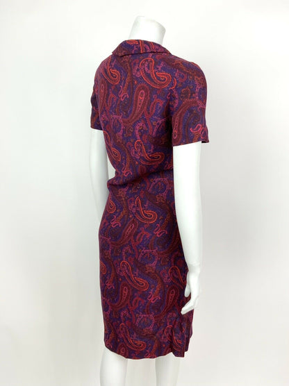 VTG 60s 70s PURPLE PINK ORANGE FLORAL PAISLEY CHELSEA COLLAR SHIFT DRESS 14 16