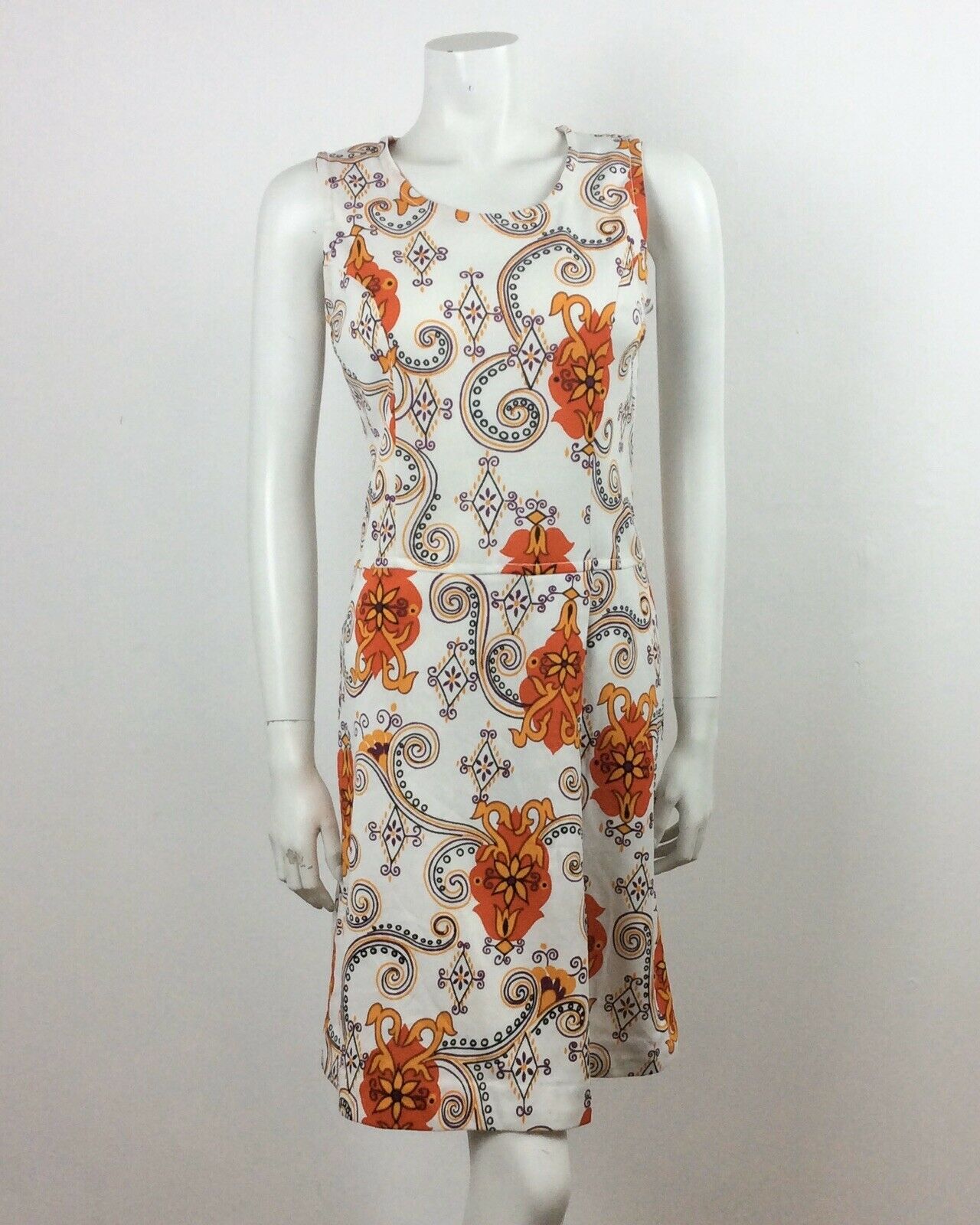 VINTAGE 60S WHITE ORANGE PURPLE YELLOW PAISLEY MINI DRESS 12