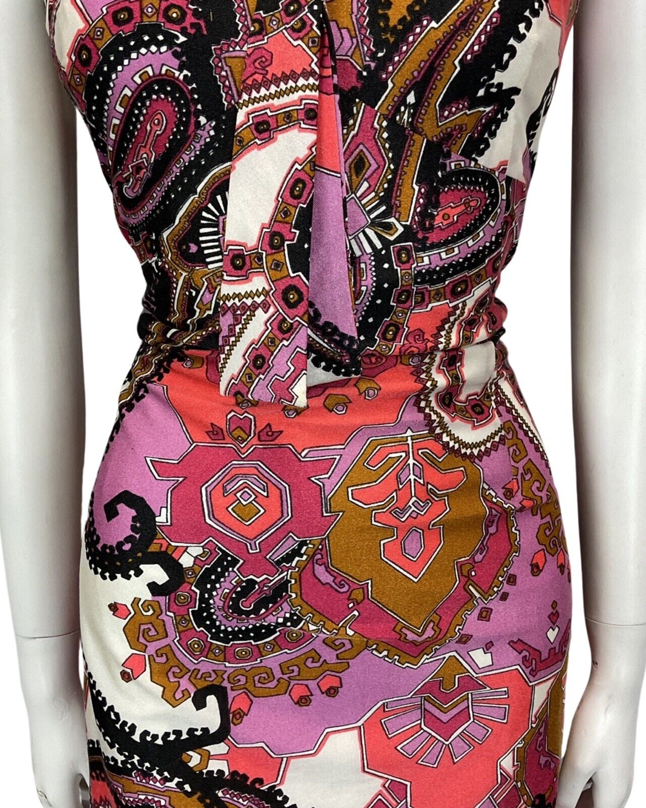 VINTAGE 60s 70s WHITE PINK BLACK PSYCHEDELIC PAISLEY PRINT MIDI DRESS 14