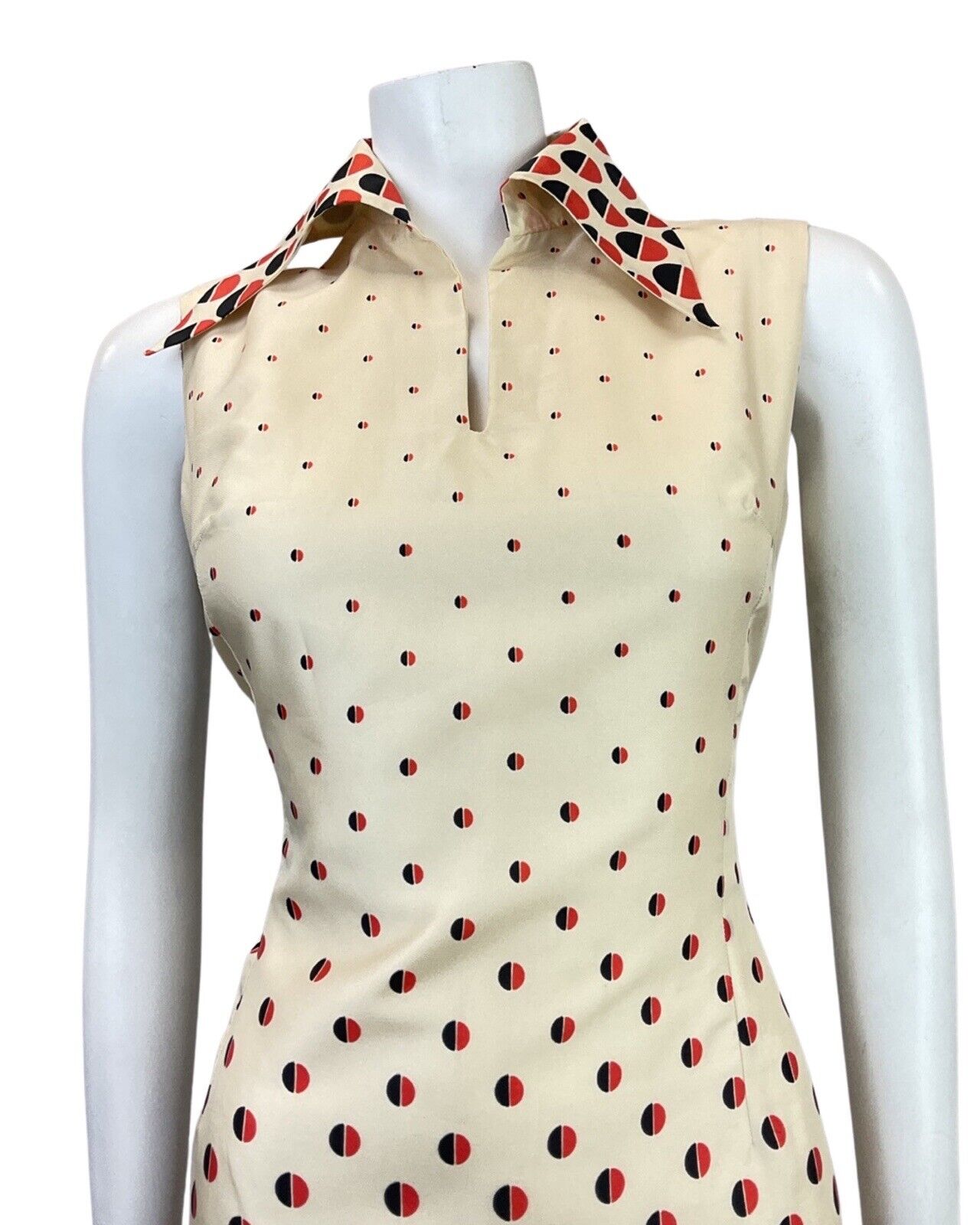 VINTAGE 60s 70s CREAM RED BLACK DOTTY WING COLLAR SLEEVELESS MIDI DRESS 10 12