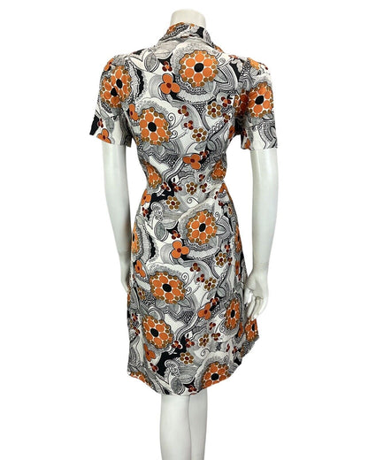 VINTAGE 60S 70S WHITE ORANGE BROWN BLACK FLORAL PSYCHEDELIC MOD DRESS 14