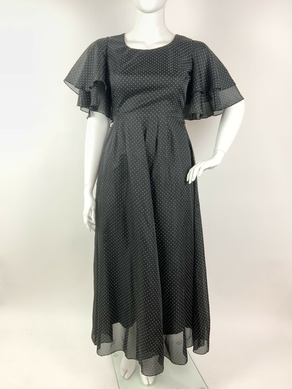 VINTAGE 60s 70s BLACK WHITE POLKA-DOT SHEER CAPE SLEEVE FLOATY MAXI DRESS 14 16