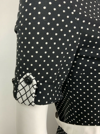 VINTAGE 60s 70s BLACK WHITE POLKA-DOT MOD BELTED MIDI WIGGLE DRESS 10 12