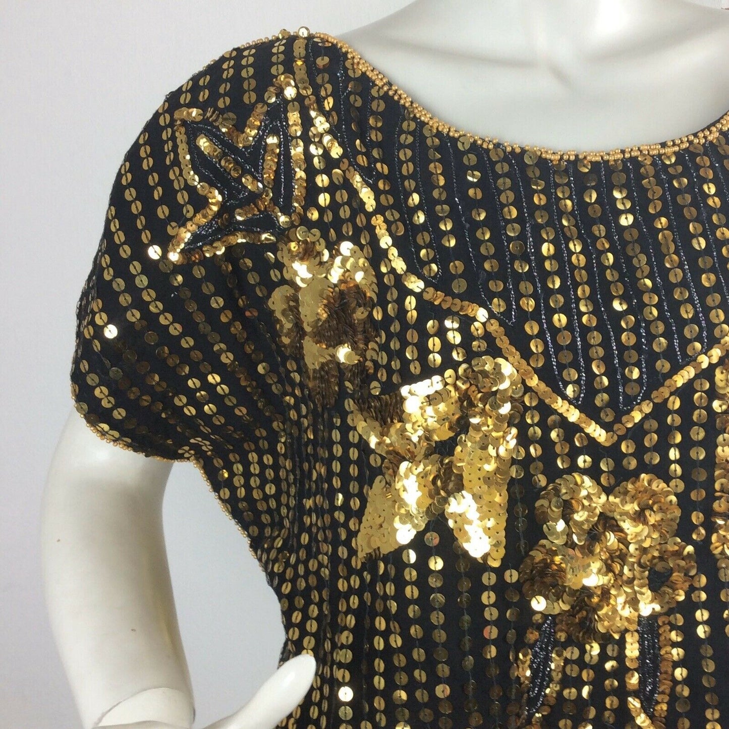 VINTAGE 1970’S BUTTERFLY TOP,BLACK, GOLD SEQUINS, BEADS, DISCO EVENING 8 10