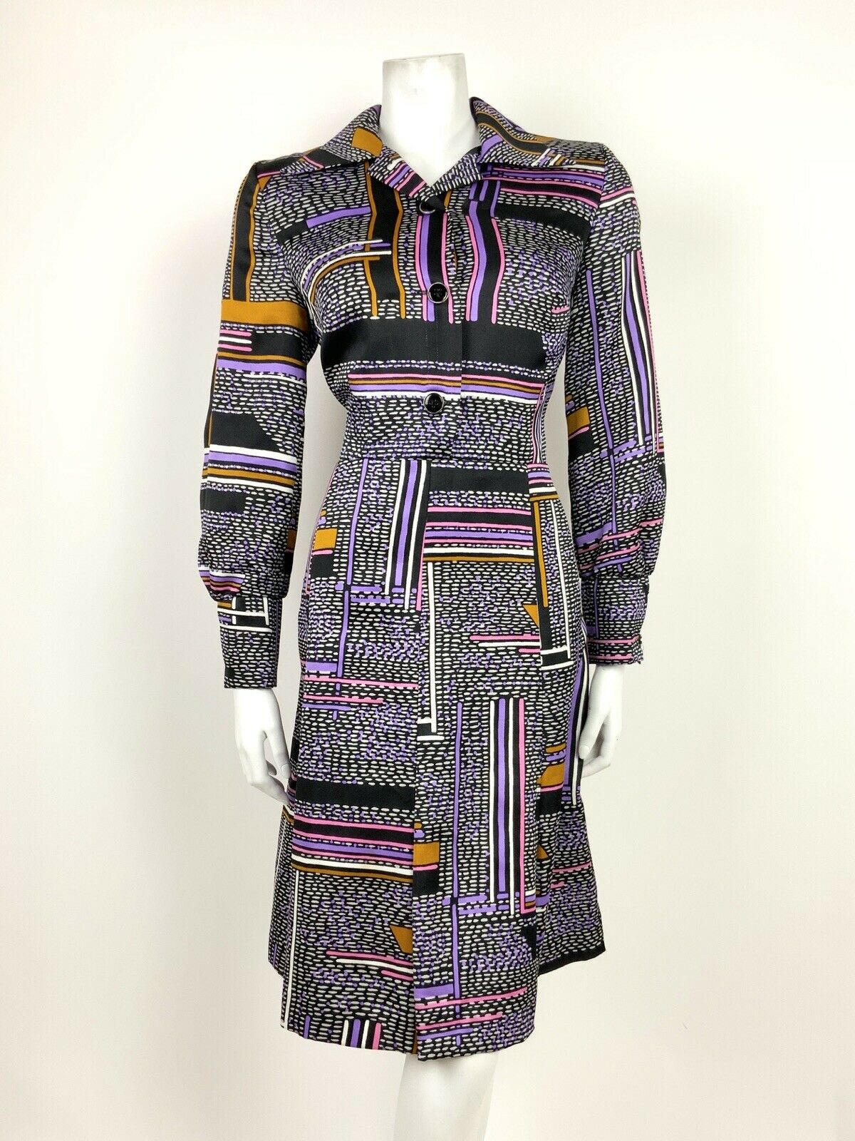 VTG 60s 70s MOD BLACK WHITE PURPLE PINK GOLD GEOMETRIC STRIPED SHIRT DRESS 14 16