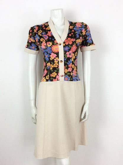 VINTAGE 60s 70s BEIGE PSYCHEDELIC BLACK ORANGE BLUE FLORAL DRESS 10 12