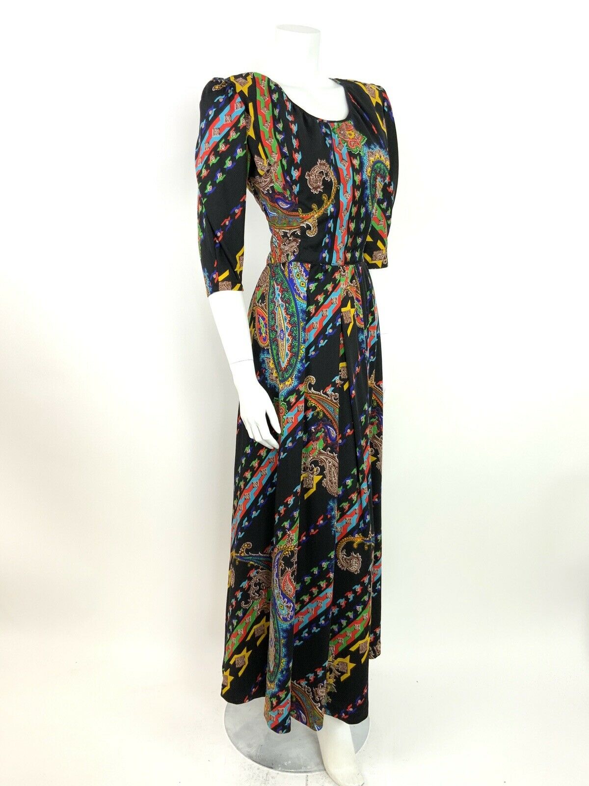 VINTAGE 60s 70s PAISLEY PSYCHEDELIC BLACK YELLOW BLUE RED GREEN  MAXI DRESS 8