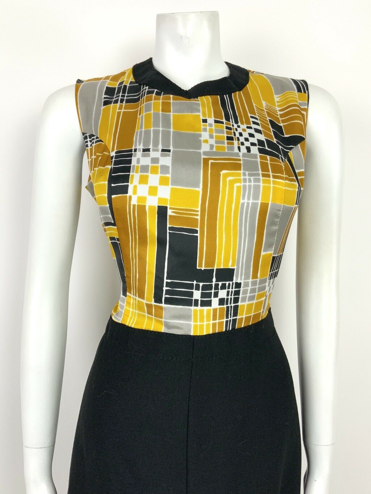 VTG 60s 70s MOD BLACK SILVER GOLD YELLOW GEOMETRIC SLEEVELESS DRESS 12 14