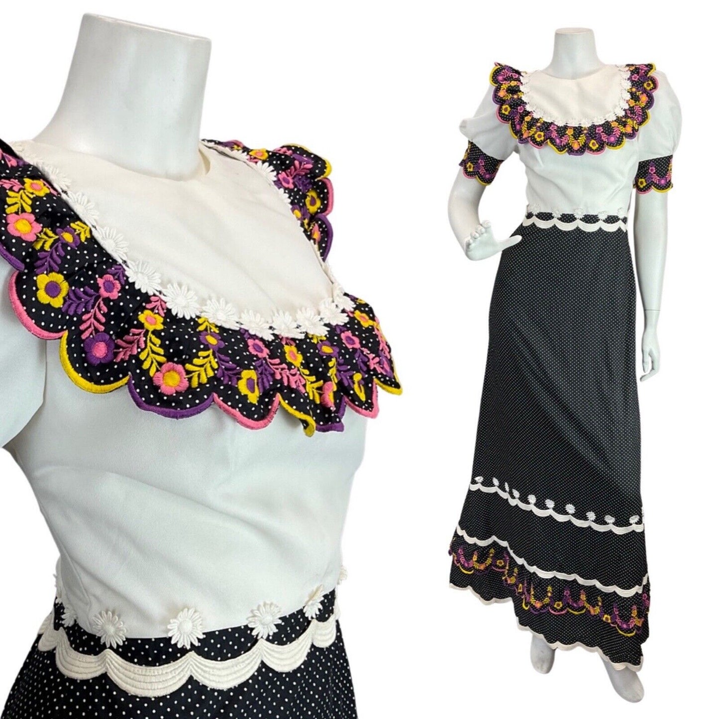 VTG 60s 70s BLACK WHITE PINK POLKA-DOT FLORAL EMBROIDERED BOHO MOD MAXI DRESS 8