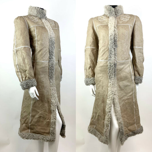 VINTAGE 60s 70s BEIGE CREAM LEATHER FLORAL EMBROIDERED BOHO MOD LONG COAT 14 16