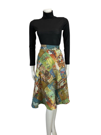 VINTAGE BLUE GREEN ORANGE PATCHWORK STYLE GRAPHIC PRINT A LINE 60s 70s SKIRT 8