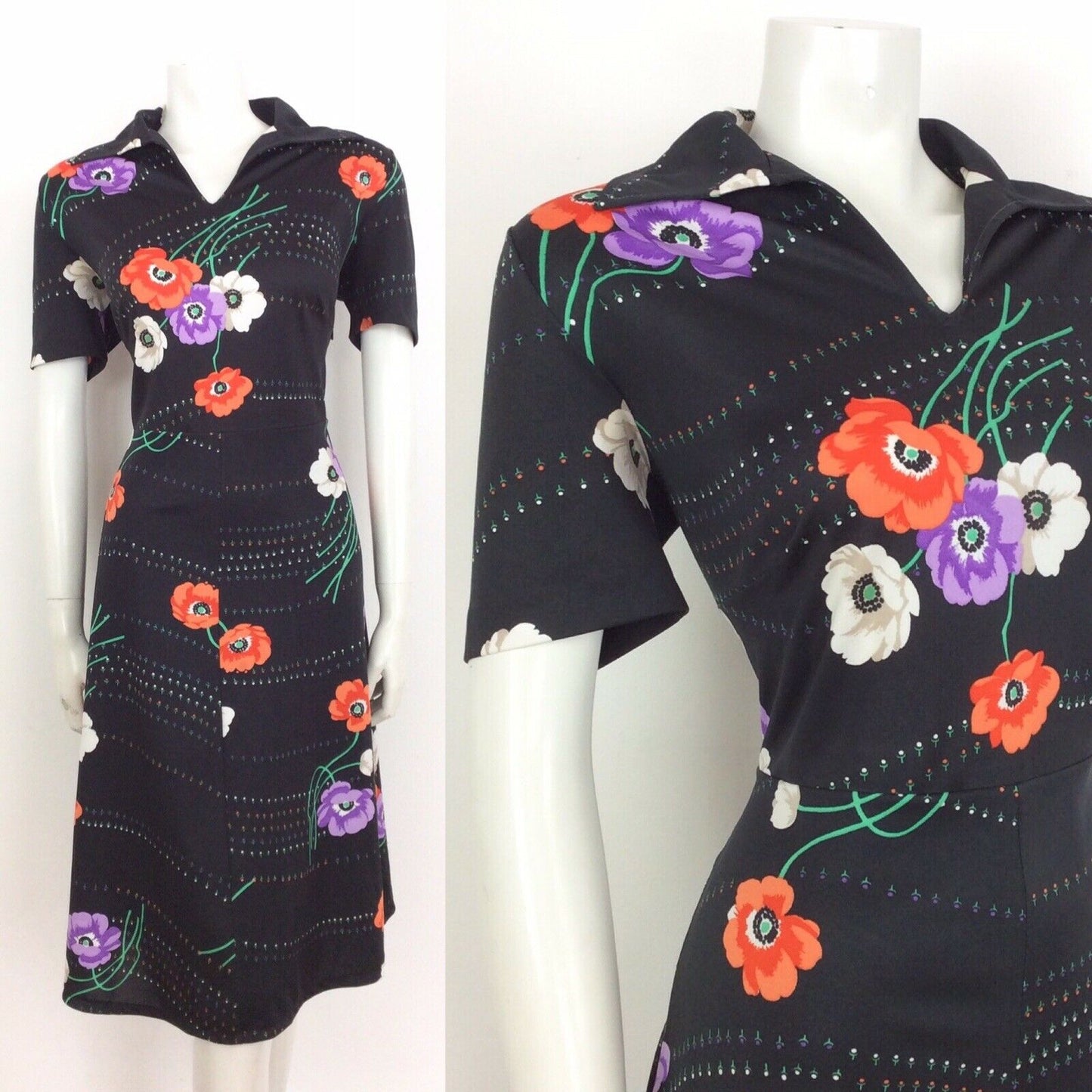 VTG 60S 70S BLACK ORANGE PURPLE PSYCHEDELIC FLOWER DRESS 14