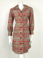 VINTAGE 60s 70s RED BEIGE YELLOW WHITE FLORAL GEOMETRIC SHIRT DRESS 12