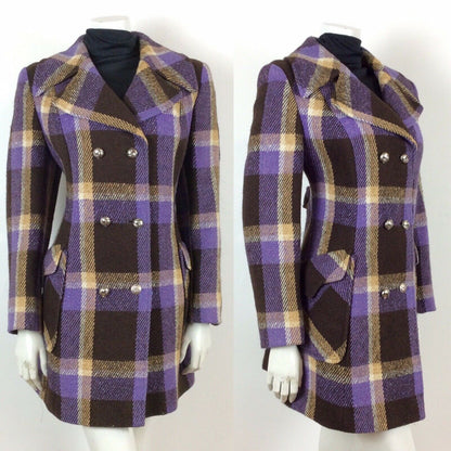 VTG 60s 70s DOUBLE-BREASTED PURPLE CREAM BROWN PLAID CHECK WOOL COAT 12 14 16