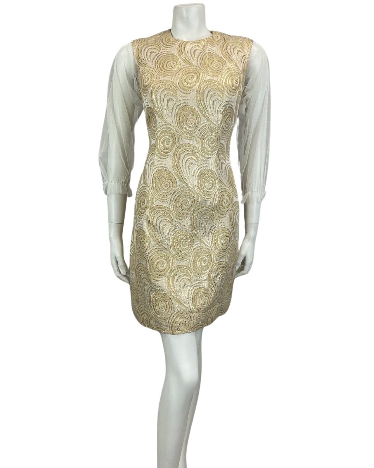 VINTAGE 60s 70s GOLD WHITE MESH MOD MINI PARTY CHRISTMAS EVENING DRESS 10