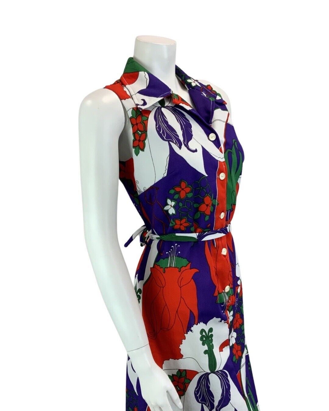 VINTAGE 60s 70s WHITE PURPLE RED  GREEN PSYCHEDELIC  FLORAL PRINT DRESS 14