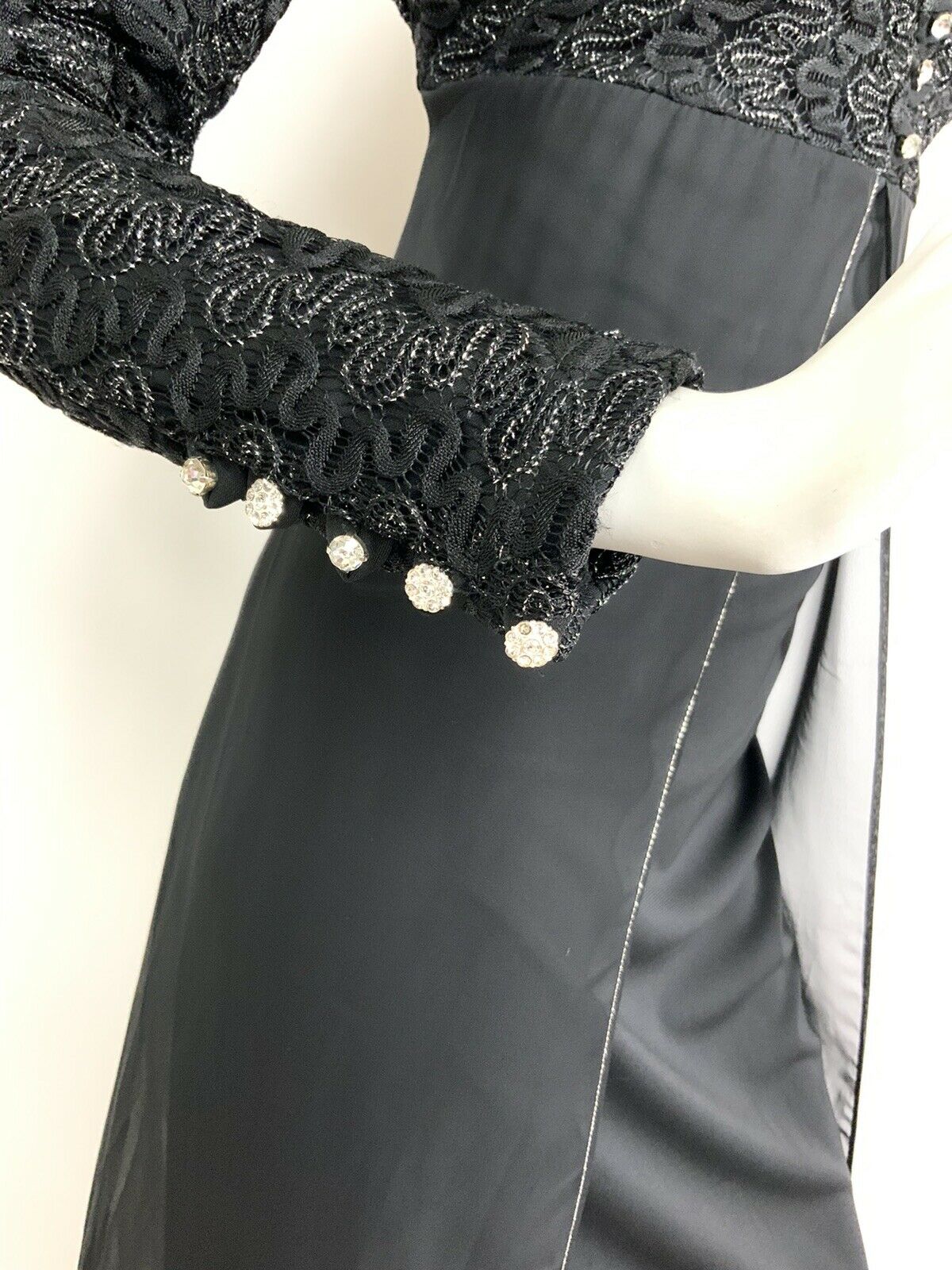 VINTAGE 60s 70s BLACK SILVER WAVY LACE DIAMANTE SHEER SPLIT MAXI DRESS 8 10