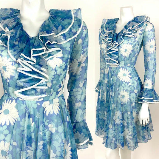 VTG 60s 70s FLORAL BLUE WHITE JABOT RUFFLE FLOUNCE SLEEVE SUMMER DRESS 8 10