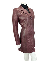 VINTAGE 60s 70s DARK PLUM BIG COLLAR LEATHER MOD TRENCH JACKET 14 16