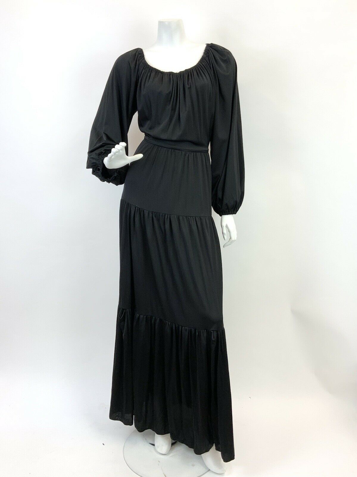 VINTAGE 60s 70s JET BLACK PUFF SLEEVE TIERED BOHO FOLK MAXI DRESS 10