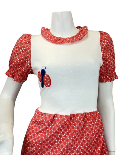 VTG 60s 70s RED WHITE BLLUE DOTTY LADYBIRD MUSHROOM MOD PRAIRIE MAXI DRESS 8 10