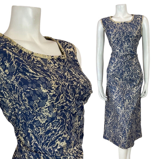 VINTAGE 60s 70s BLUE SILVER PSYCHEDELIC LEAFY PARTY GLAM SLEEVELESS DRESS 14