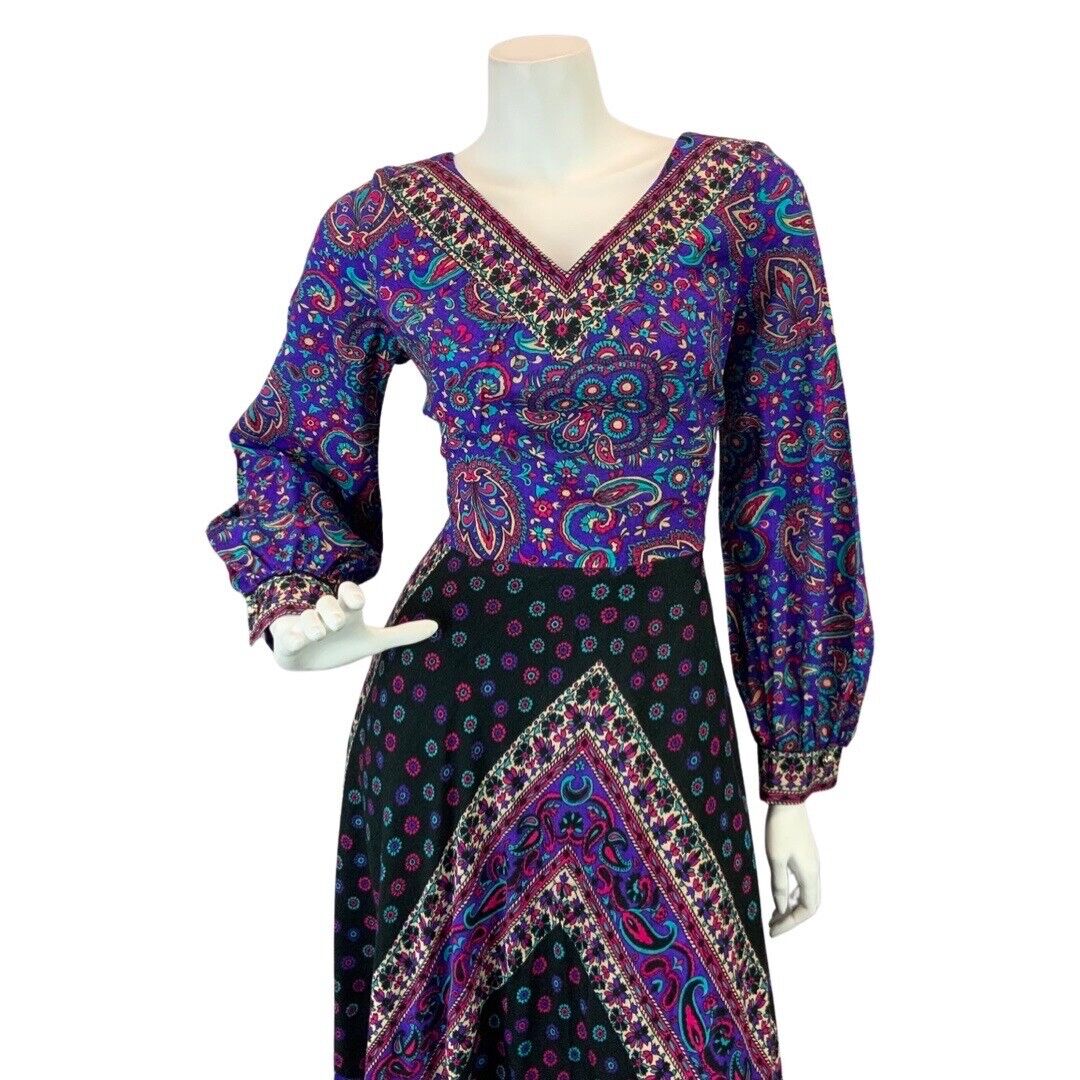 VINTAGE 60s 70s PURPLE BLACK TEAL PAISLEY FLORAL BOHO FOLK MAXI DRESS 10 12