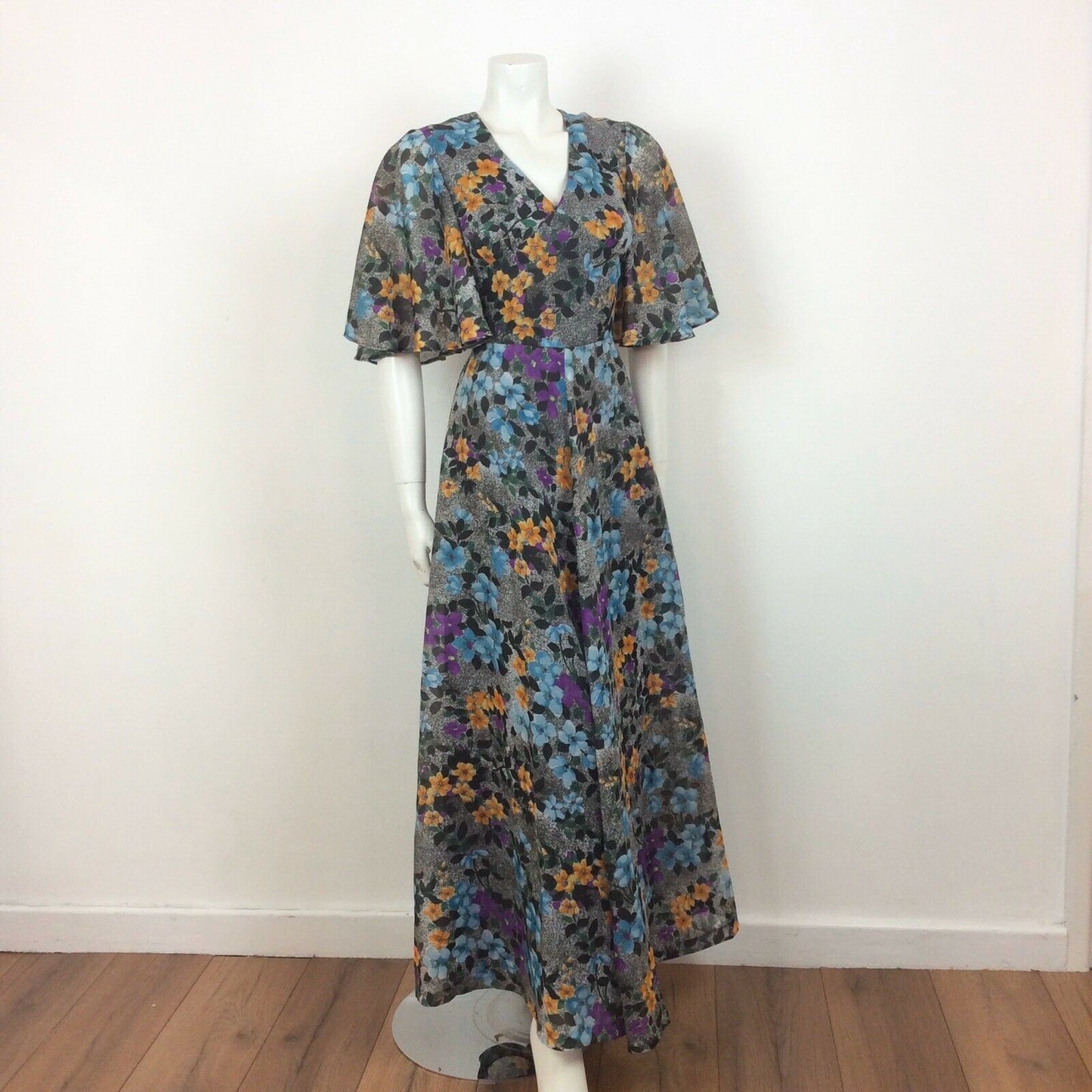 70S VINTAGE GREY GREEN BLUE PURPLE YELLOW FLOWER MAXI DRESS 10