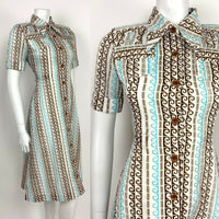 VTG 60s 70s BLUE BROWN WHITE GOLD WAVE OP ART DAGGER COLLAR SHIRT DRESS 8 10