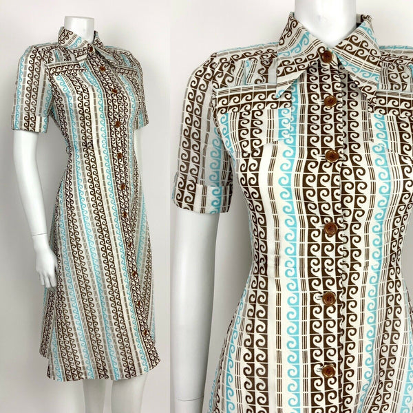 VTG 60s 70s BLUE BROWN WHITE GOLD WAVE OP ART DAGGER COLLAR SHIRT DRESS 8 10