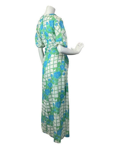 VINTAGE 60s 70s WHITE BLUE GREEN CHECKED FLORAL MOD MAXI DRESS 10 12