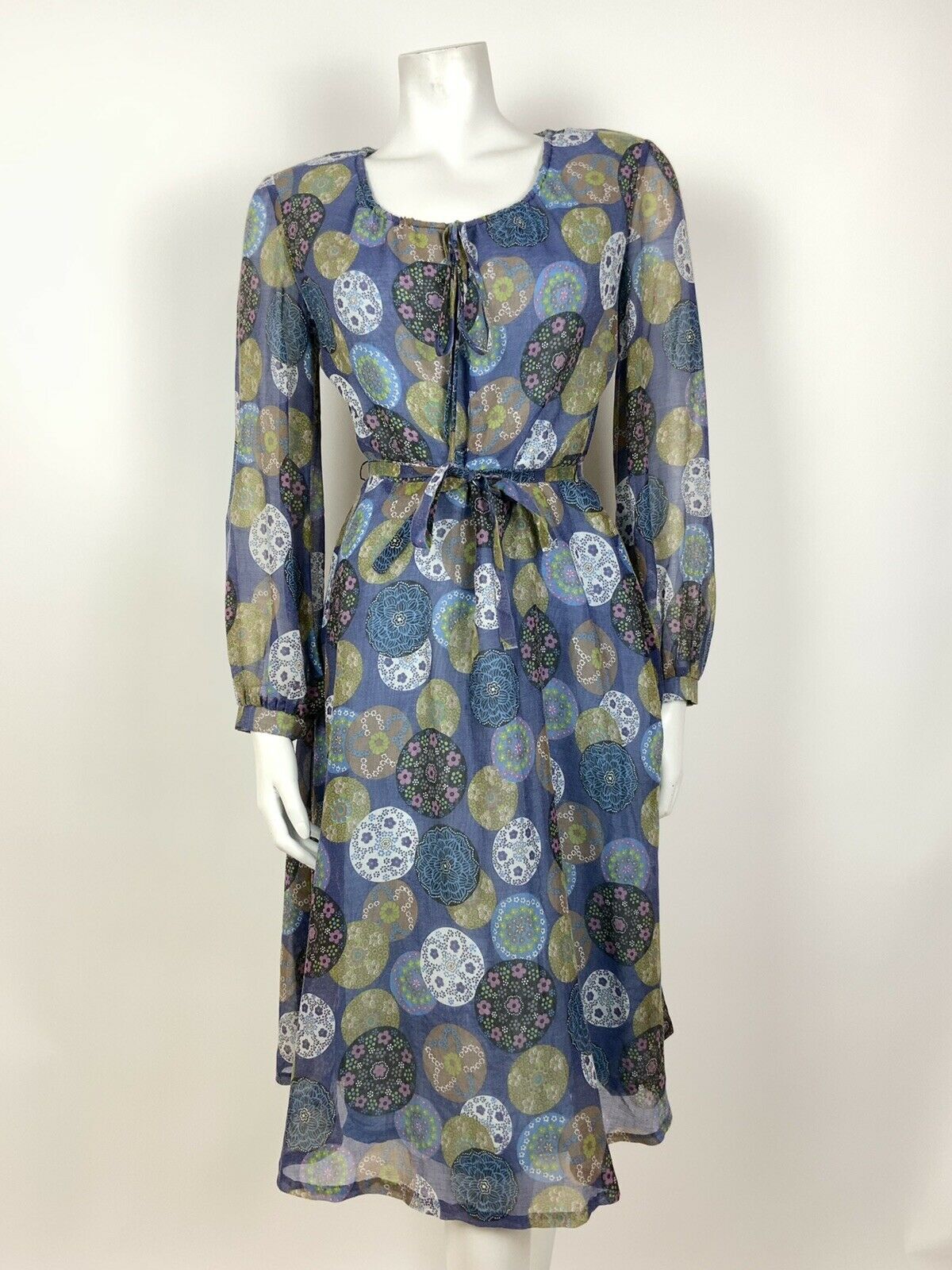 VINTAGE 60s 70s BLUE BROWN BLACK GREEN PINK FLORAL GEOMETRIC SHEER DRESS 8 10