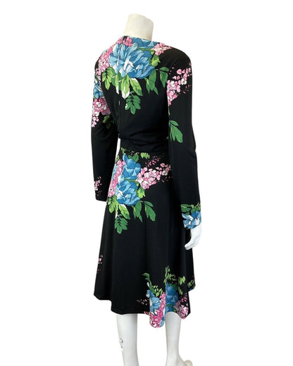 VINTAGE 60s 70s BLACK BLUE PINK FLORAL BOUQUET LONG SLEEVE MIDI DRESS 14 16