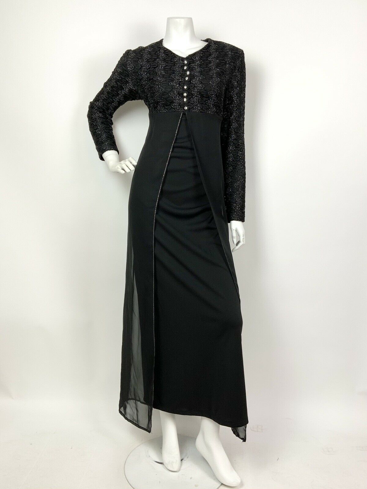 VINTAGE 60s 70s BLACK SILVER WAVY LACE DIAMANTE SHEER SPLIT MAXI DRESS 8 10