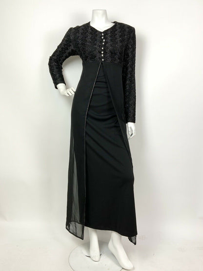 VINTAGE 60s 70s BLACK SILVER WAVY LACE DIAMANTE SHEER SPLIT MAXI DRESS 8 10