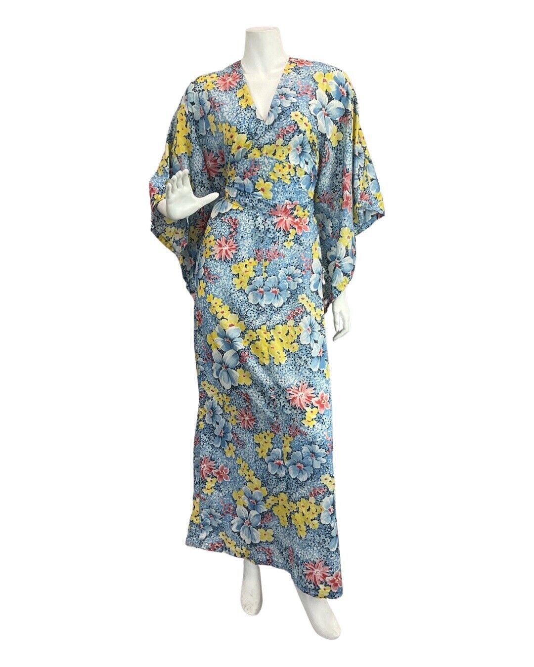 VINTAGE 60s 70s BLUE WHITE RED FLORAL SUMMER BOHO ANGEL SLEEVE MAXI DRESS 12 14