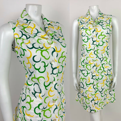 VINTAGE 60s 70s WHITE LIME FOREST GREEN YELLOW CRESCENT MOON COLLAR DRESS 12 14