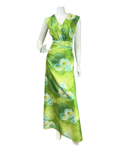 VINTAGE 60s 70s LIME GREEN WHITE DOTTY DAISY FLOWER SLEEVELESS MAXI DRESS 14 16