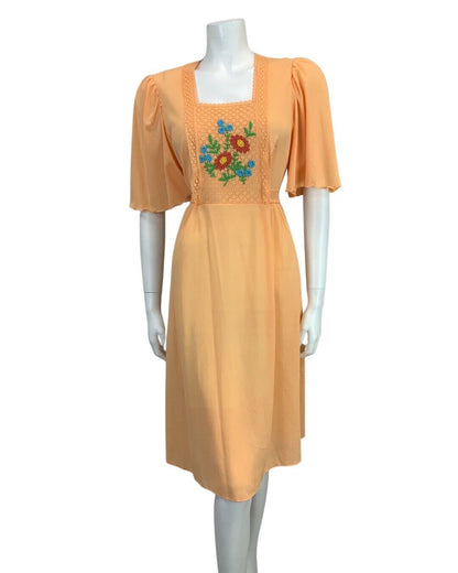 VINTAGE 60s 70s PEACH FLORAL FLOATY BOHO FOLK MIDI DRESS 12 14