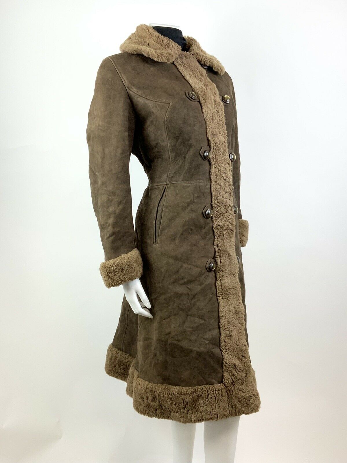 VTG 60s 70s DEEP BROWN DOUBLE-BREASTED SUEDE LEATHER SHEARLING BOHO COAT 12 14