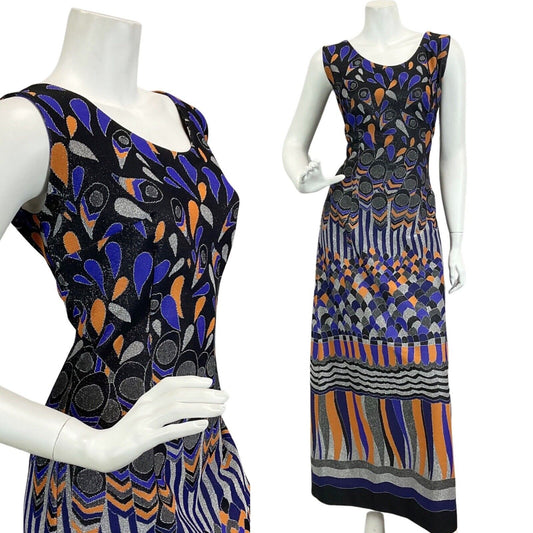 VINTAGE 60s 70s BLACK PURPLE ORANGE SILVER ABSTRACT DISCO PARTY  MAXI DRESS 12