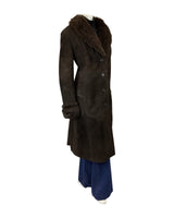 VINTAGE 60s 70s DARK BROWN SUEDE LEATHER SHEARLING BOHO LONG COAT 16