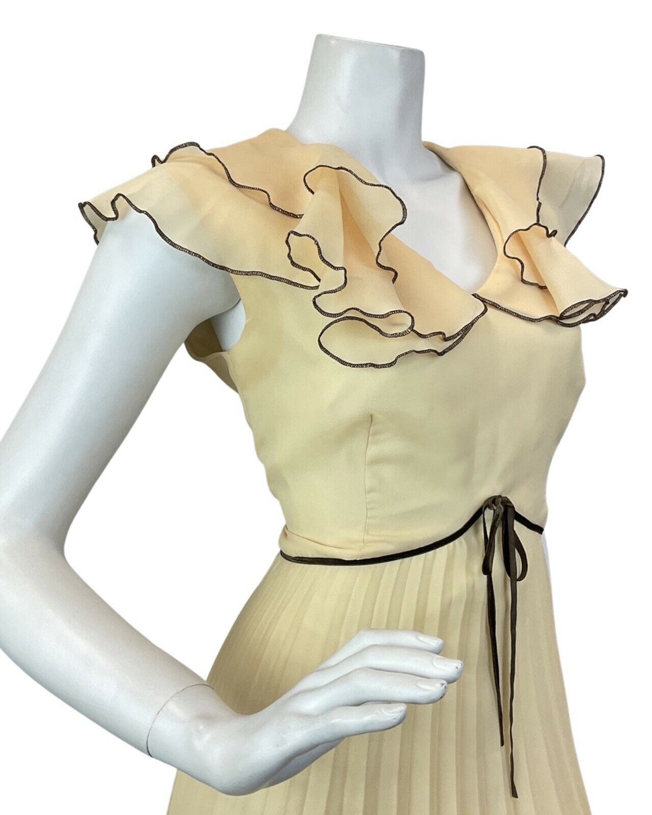 VINTAGE 60s 70s CREAM YELLOW BROWN RUFFLED PLEATED MAXI DRESS 10