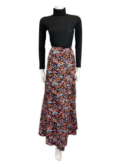 VTG 60s 70s BLACK PINK ORANGE BLUE FLORAL DAISY PRINT BOHO FOLK MAXI SKIRT 12