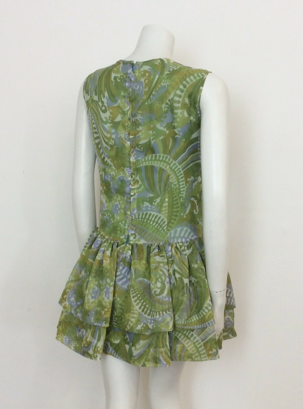 VINTAGE 60S GREEN BLUE PAISLEY DROP WAIST DRESS 12