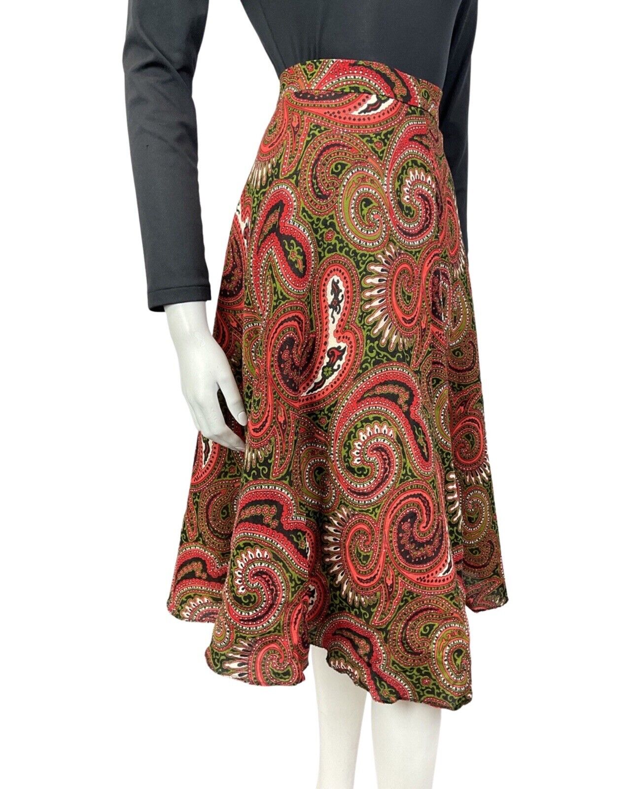 VINTAGE 60s 70s RED BLACK GREEN PAISLEY MANDALA PSYCHEDELIC SWING SKIRT 10 12